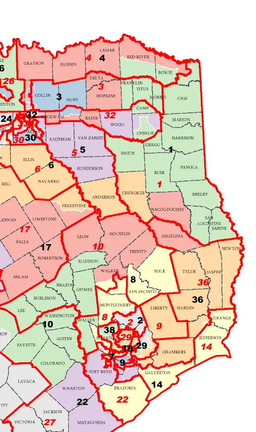 Map of East Texas counties with U.S. Congressional district numbers labeled in red and a red outline marking the Whistlestop Tour coverage area.
